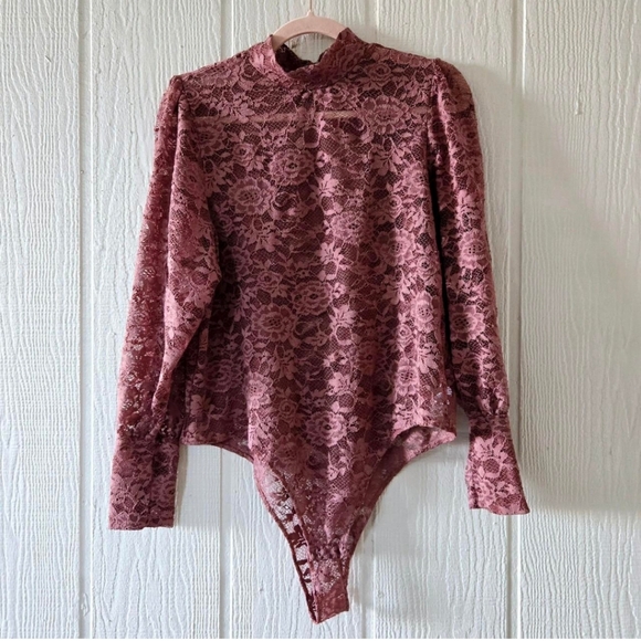 Jolie & Joy Sheer Pink Lace Bodysuit High Neck Peasant Sleeves Boho Western 1X - Picture 1 of 6